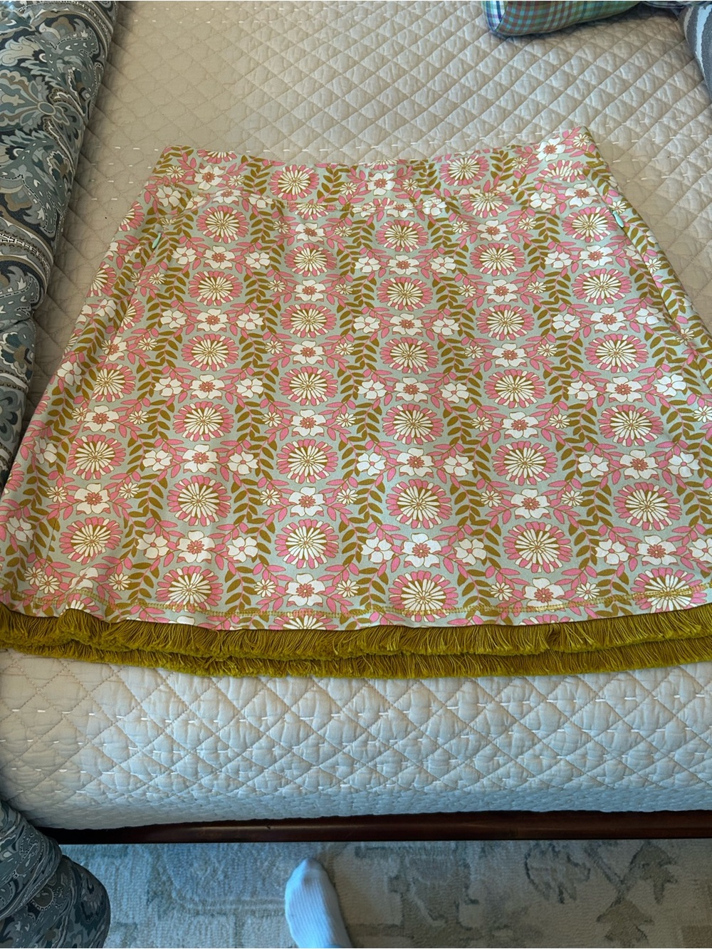 Floral Pink and Olive A-Line Skirt with Fringe Trim